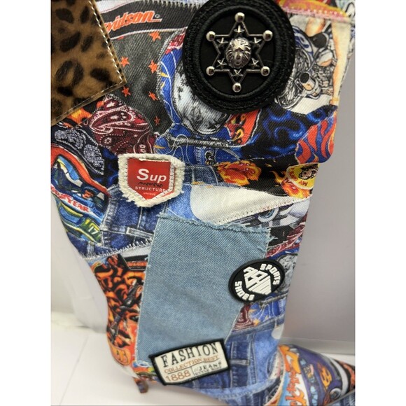 Azalea Wang Knee Hi Boots Patchwork Western Denim Style Slip On Size 7.5 NEW - Picture 3 of 14